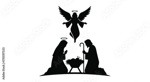 Silhouette of the Nativity scene with an angel overhead, symbolizing hope and peace