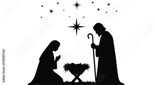 Silhouetted figures of Mary and Joseph gaze at the nativity scene under a starry sky.