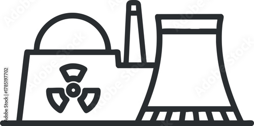 Outline vector illustration of a nuclear power plant featuring a reactor and cooling tower for energy production and industrial design