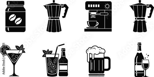 Coffee and alcohol icons illustration, espresso moka pot cocktail beer champagne design, beverage preparation concept, bar and cafe scene, cad drawing flat vector illustration