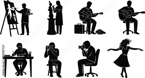 Creative arts silhouettes illustration, painting sculpting music photography dance design, artistic expression concept, diverse creative activities scene, cad drawing flat vector illustration