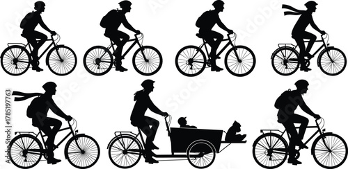 Cyclists silhouettes illustration, bicycle commuting design, family cargo bike concept, urban mobility scene, outdoor lifestyle vector art, cad drawing flat vector illustration