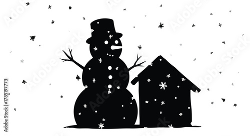 Joyful snowman stands beside a cozy house in a gentle snowfall.