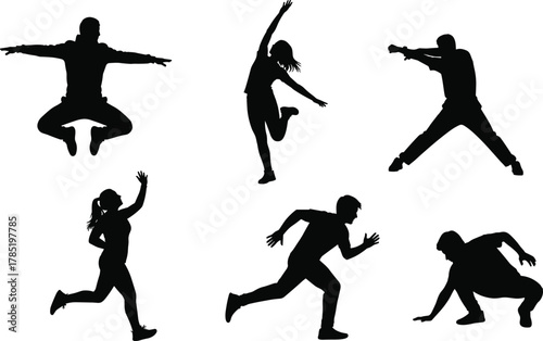 Dynamic human silhouettes illustration, expressive dance and athletic motion design, energetic lifestyle concept, physical activity scene, cad drawing flat vector illustration