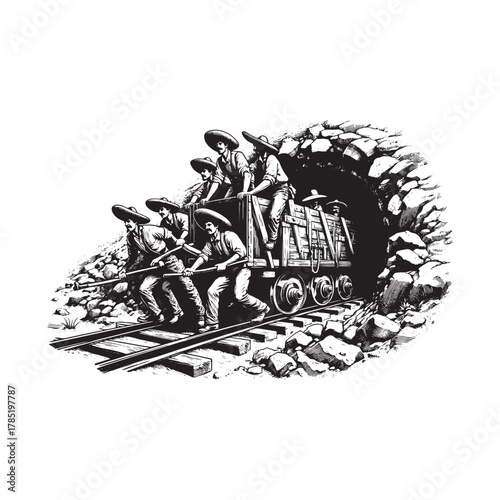 Western Miners in Underground Tunnel – Vintage Black and White Engraving