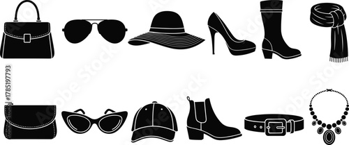 Fashion accessories silhouettes illustration, stylish clothing items design, handbag sunglasses hat shoes boots scarf jewelry concept, cad drawing flat vector illustration