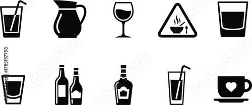 Beverage drinkware icons illustration, glasses bottles cups design, coffee tea wine liquor concept, bar and cafe scene, cad drawing flat vector illustration