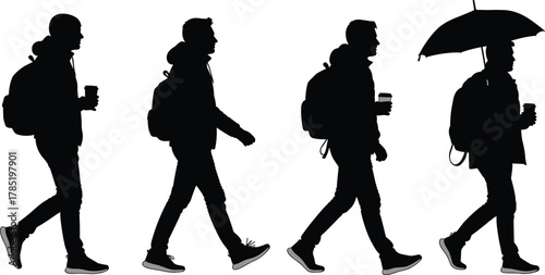 Walking person silhouettes illustration, daily commute design, urban lifestyle concept, umbrella and coffee cup scene, cad drawing flat vector illustration