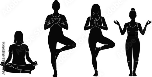 Yoga poses silhouettes illustration, mindfulness and balance design, meditation and tree pose concept, wellness lifestyle scene, cad drawing flat vector illustration