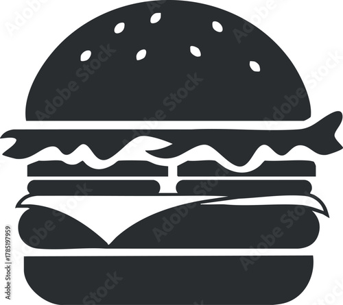 Minimalist black and white vector illustration of a hamburger, ideal for food-related branding and design projects