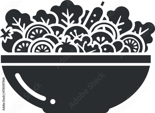 Stylized vector illustration of a bowl filled with a variety of fresh vegetables and greens, ideal for healthy eating concepts