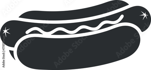 Minimalist black and white vector illustration of a hotdog, perfect for food-related designs and branding projects