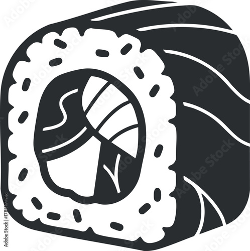 Bold black and white vector illustration of a sushi roll, ideal for food menus, restaurant branding, and culinary design.