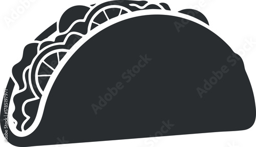 Stylized black and white vector illustration of a taco featuring various fillings and toppings for food-related designs