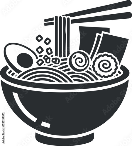 Black and white vector illustration of a bowl of ramen noodles with chopsticks, egg, and vegetables for food-related design projects