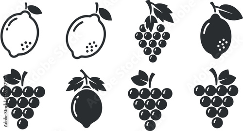 Minimalist black and white vector illustration of various fruits including lemons, limes, and grapes for food design and branding projects