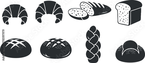Silhouette vector icon set featuring various types of bread and pastries for bakery and food design projects