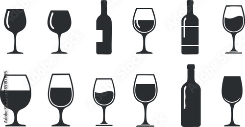 Silhouette vector icon set featuring wine glasses and bottles in minimalist style, ideal for beverage-related design projects