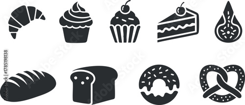Collection of black silhouette vector icons featuring various bakery products and desserts for food-related design projects