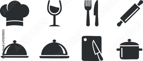 Set of minimalist black and white vector icons depicting kitchen and dining elements for culinary design projects