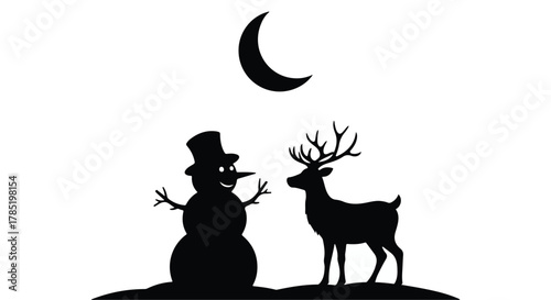 Whimsical snowman and deer silhouetted under a crescent moon on a snowy night