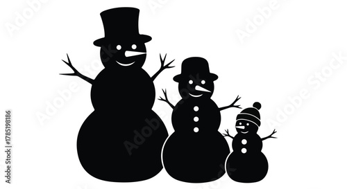 A silhouette of a snowman family with a tall father, a medium mother, and a small child, all wearing hats.