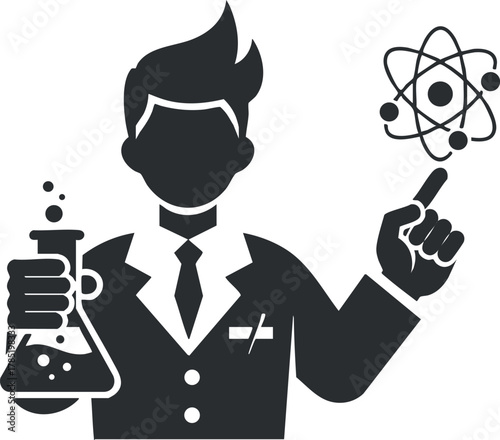 Modern flat design vector illustration of a scientist presenting a laboratory flask and an atom symbol for educational and scientific projects