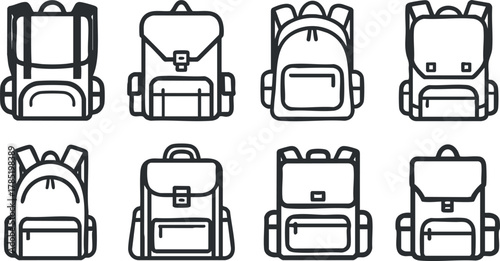 Outline vector icon set of various backpack designs for travel, school, and outdoor activities