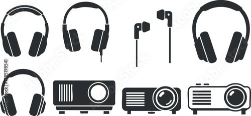 Stylish black and white vector illustration set of various headphones and projectors for technology and entertainment themes