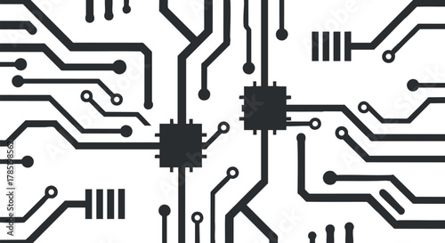 Abstract black and white vector illustration of a circuit board design featuring interconnected lines and microchips for technology projects