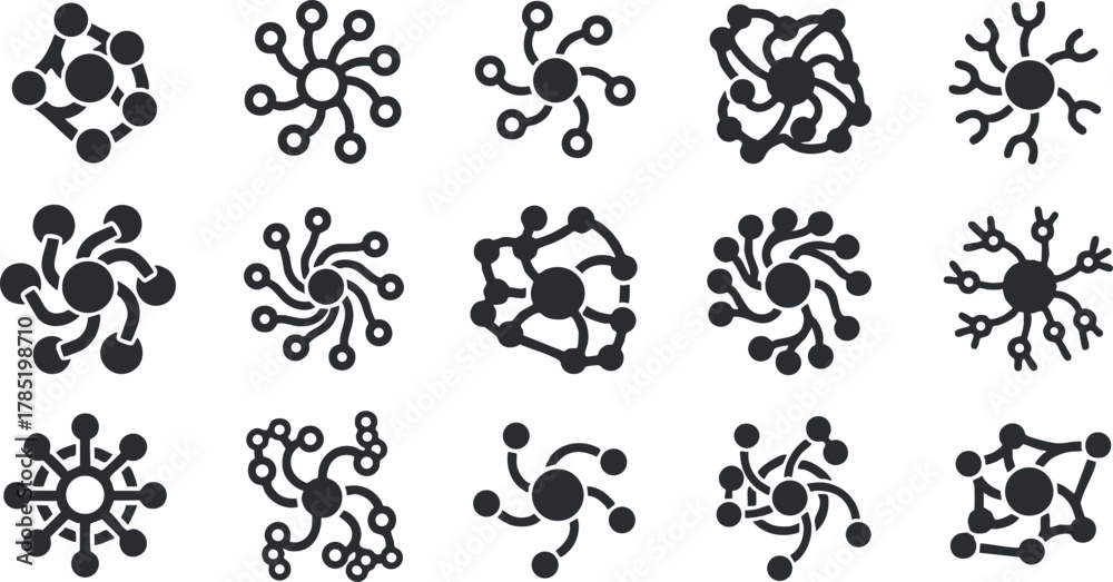 Naklejka premium Geometric vector icon set featuring abstract molecules and network symbols for science and technology projects