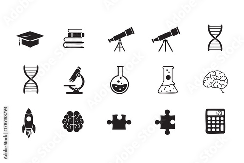 Collection of black science and education icons including graduation cap books telescope D N A microscope flasks brain rocket puzzle pieces and calculator 1