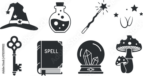 Vector icon set featuring magical elements like a witch hat, potion bottle, wand, and crystal globe for fantasy-themed designs
