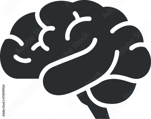 Stylized black and white vector illustration of a human brain representing intellect and cognitive concepts for educational and design purposes