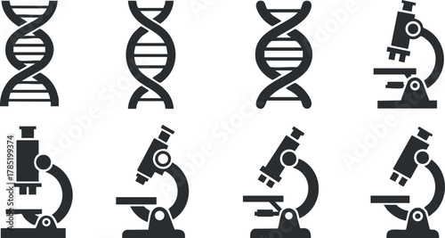 Flat design vector icon set featuring microscopes and DNA helixes for science and research applications