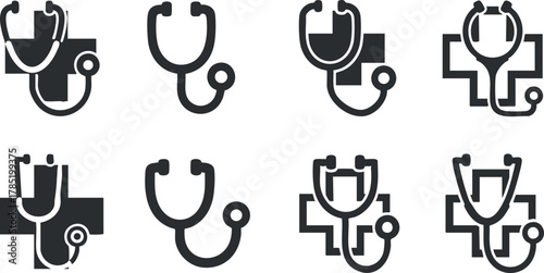 Modern flat design vector icon set featuring stethoscopes and medical crosses for healthcare branding and design projects