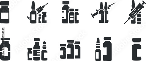 Set of minimalist black and white vector icons depicting vaccines, syringes, and medicine bottles for healthcare and medical design projects