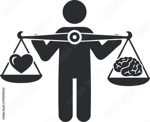 Minimalist black and white vector illustration of a person balancing a heart and brain on scales, symbolizing emotional and intellectual balance