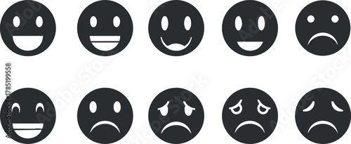 Flat design vector illustration of a set of emotion emojis depicting various facial expressions for communication and design projects