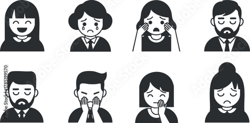 Vector icon set featuring diverse human facial expressions, illustrating various emotions in a modern flat design style.