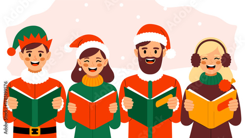 A cheerful group of four people singing Christmas carols.