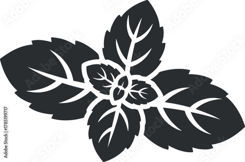 Stylized black silhouette illustration of mint leaves, perfect for culinary designs, packaging, or botanical themes