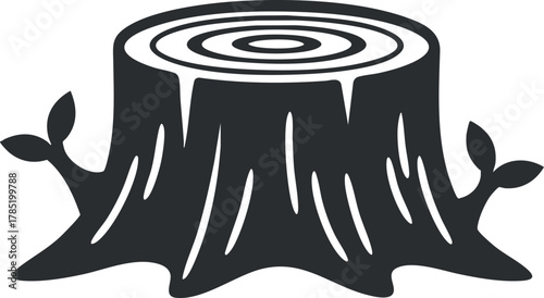 Elegant minimalist black vector illustration of a tree stump with rings and small leaves for eco-friendly design projects