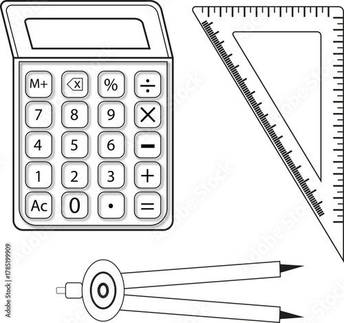 Black electronic calculator and pencil for business, finance, and accounting on a white background