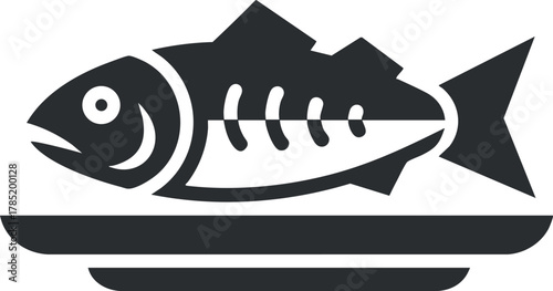 Stylized black and white vector illustration of a fish served on a plate, ideal for food-related designs and menus