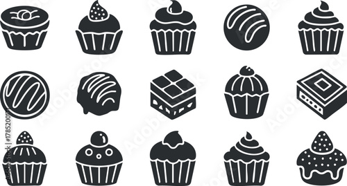 Stylish black and white vector icon set featuring various cupcakes and chocolates, perfect for dessert-themed designs and branding.