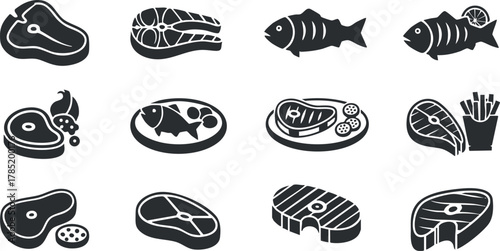 Collection of minimalist black and white vector icons depicting various types of meat and fish for culinary design projects