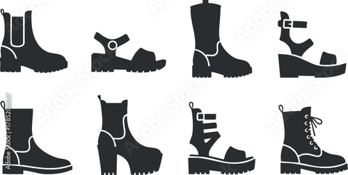 Silhouette vector icon collection of various styles of boots and shoes for fashion and design projects
