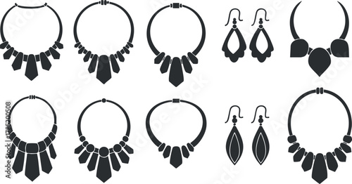 Stylish vector illustration set of jewelry designs featuring necklaces and earrings in a minimalist silhouette style for fashion branding and design projects