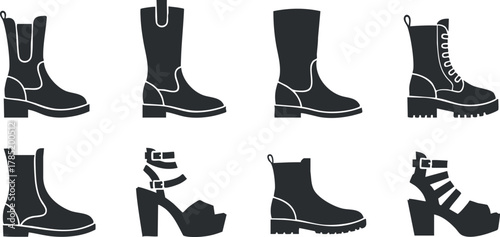 Stylish vector icon collection of various boot styles including ankle boots, combat boots, and high heels for fashion design